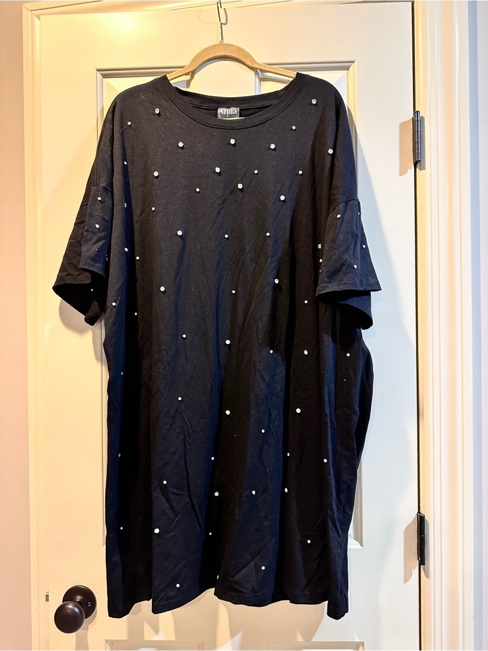 Black Oversized T-Shirt Dress with Rhinestone Studs